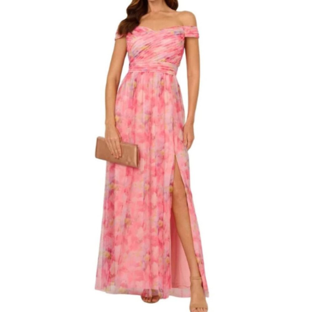 Adrianna Papell Pink Multi Floral Chiffon Gown Event Formal Cocktail Wedding